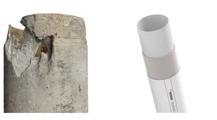 Comparativa visual entre tubería de fibrocemento con amianto (uralita) y la nueva tubería de PVC insonorizado.